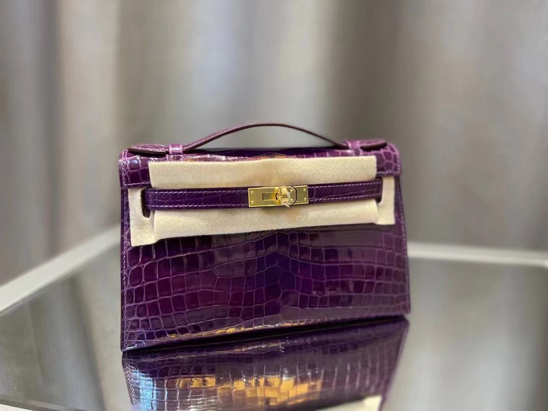 에르메스 켈리 포쉐트 퍼플 금장 샤이니 악어가죽